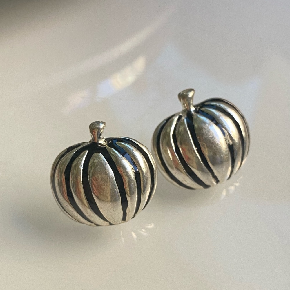 Seasons Silver Tone Pumpkin Earrings - Picture 2 of 3